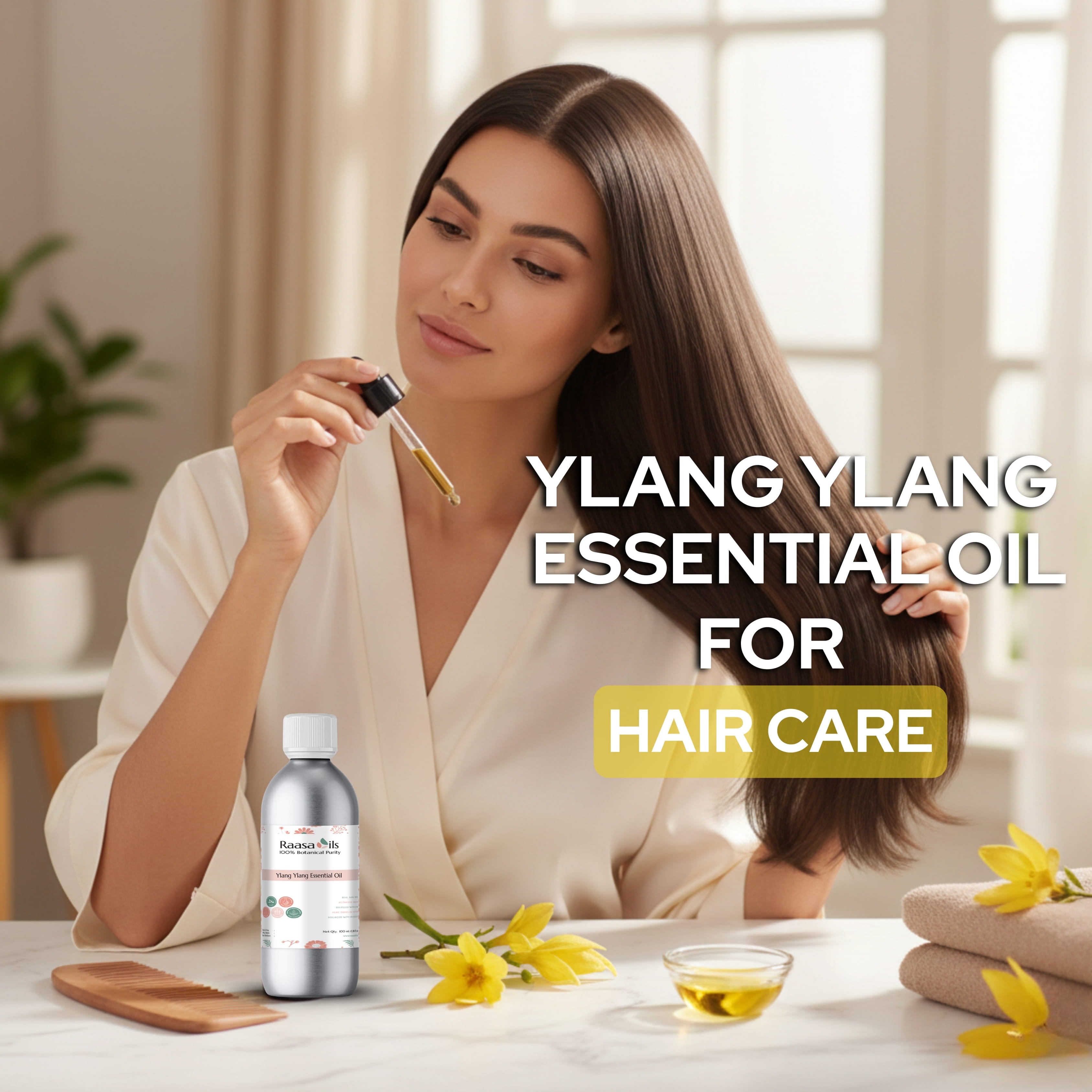 Woman with long hair holding a dropper of ylang ylang essential oil with text about its use for hair care.